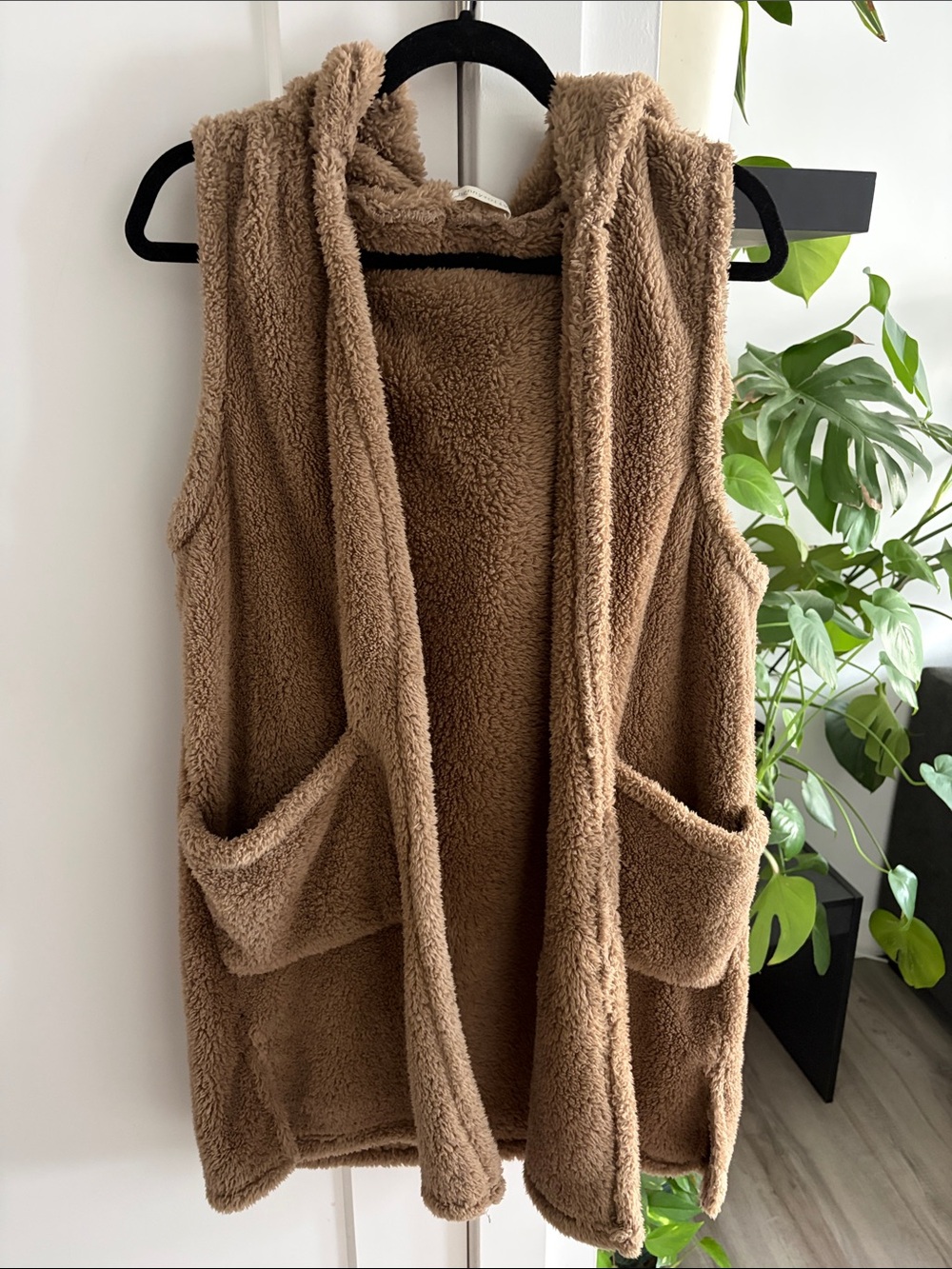 Plush Hooded Teddy Vest in Brown